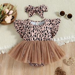 Clothing Sets 2Pcs Baby Girl Summer Outfit Leopard Print Tulle Flying-Sleeve Romper Hairband For Toddler 0-12 MonthsClothing