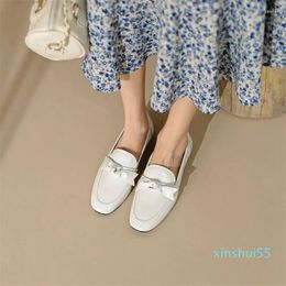 Dress Shoes Spring Women Leather Round Toe Low Heel Bow-knot Loafers Casual For White