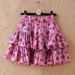 Skirts Summer Sweet Girls Pink Floral Short Skirt Women's High-Waisted Printed Chiffon Cake Skirts Vintage Flower Print Skirts Femme 230427