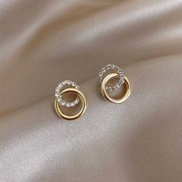 Stud Korean Simple Double Circle Gold Colour Metal crystal Stud Earrings For Women Fashion Exquisite Jewellery Best Friend Gifts J240119