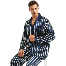 Men's Sleepwear Mens Silk Satin Pajamas Set Pyjamas Set PJS Sleepwear Loungewear S ~ 4XL Striped 231127