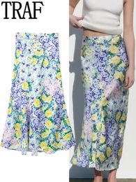 Skirts TRAF Floral Skirt Woman Summer Midi Satin Skirt Women High Waist Long Skirts For Women Fashion Elegant Women's Skirts 230427