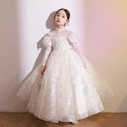 White Tulle Shiny Flower Girl Dresses Lace Appliques Princess Girls Pageant Gowns With Long Sleeve Crystal Bow Sash Toddler Kids Ball Gown Birthday Party Dress
