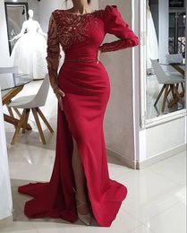 Long Sleeves Beaded Crystals Red Prom Dresses Luxurious Mermaid Long Evening Party Dresses Split Evening Gowns Custom Made