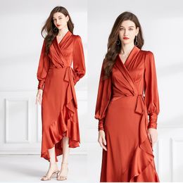 Vintage Elegant Satin Wrap Maxi Dress Robe Women Designer Long Sleeve V-Neck Bow Lace Up Slim Fit Ruffle Orange Wed Party Dress 2023 Spring Fall Sweet Vacation Frocks