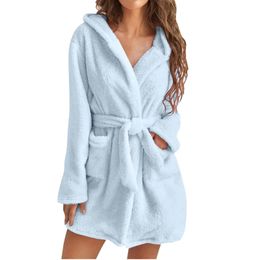 Women's Robe Women s Autumn Winter Plush Nightgown Solid Colour Long Sleeve Hooded Sleepwear with Belt 231127