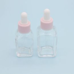 20ml Essential Oil Square Dropper Bottle 30ml Clear Glass Serum Bottles with Pink Cap for Cosmetic Jwerb
