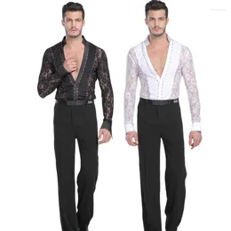 Stage Wear Dance Garment Performance Latin Man Shirts Top Men Lace Black And White Waltz Ballroom