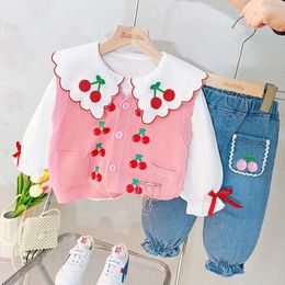 Clothing Sets Girls Clothes Set Shirt Cardian And Jeans Cherry Cotton Materail Long Sleeve 5 Years Child Kids Infant Suits