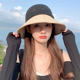 Wide Brim Hats Summer Bow Decor Mesh Dome Bucket Hat For Women Anti UV Sun Hats Folding Outdoor Beach Caps Patchwork Panama Cap Female AA230426