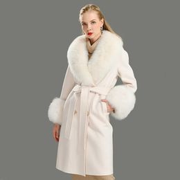 Women's Wool Blends Jxwatcher Coat Women Pied De Poule Natural Fur Collar Cashmere Long Outerwear Ladies Streetwear Selling 231124