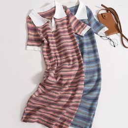 Party Dresses Summer Polo Collar Stripe Knitted Contrasting Colours Dress Girls Elegant Loose Slim Long Tank For Women