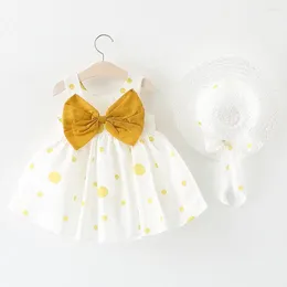 Girl Dresses TELOTUNY Dress Baby Kids Summer Coton Sleeveless Strap O-neck Print Bow Princess Straw Hat 2023apr