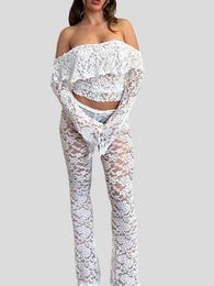 Women's Two Piece Pants Women Fall Outfit Vintage Long Sleeve Lace Boat Neck Off Shoulder Tops Blouse See-Through Flare 2 Pieces Clothes Set