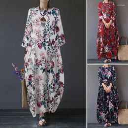 Casual Dresses Autumn 3/4 Sleeve Vintage Printed Maxi Long Dress Women Sundress Cotton Linen Vestido Loose Kaftan Robe