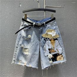 Women's Shorts Fashion Street Beauty Printed Hole Jeans Five Points Straight Pearl Short Pants Sequin Flowers Women Summer Denim