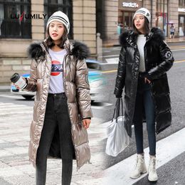 Parkas Lusumily Big Fur Women Long Coat Down Parkas Female Glossy Winter Warm Thicken Coats Silver Down Jacket Waterproof Outerwear