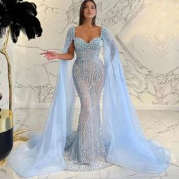 Party Dresses Arabic 2023 Luxury Beaded Mermaid Prom Dress Cape Sleeves Dubai Blue Evening Lace Long Gowns Vestido De Gala