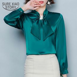 Blouse 2020 Fall Bow Silk Clothes Office Lady Korean Fashion Clothing Solid Loose Long Sleeve Women Tops and Blouses Blusas Mujer 8493