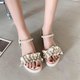 Sandals Straight Band Solid Color Fashion Women 2023 Fairy Style Summer Thick Bottom Pearl Elastic Roman Women's Shoes