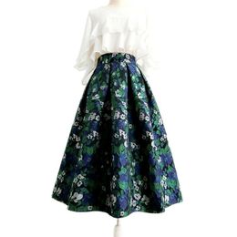 Dresses 2022 Autumn Winter New Korean Women 50s Hepburn Chic Elegant Vintage Blue Floral Print Highwaisted Long Pleated Midi Skirt Tutu