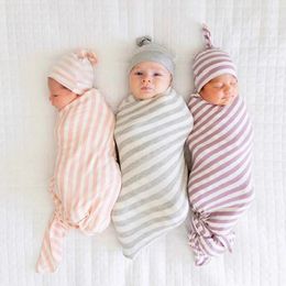 Blankets 2 Pcs/set Baby Swaddle Blanket Cap Cotton Stripe Cute For Borns Bedding Sleeping Bag