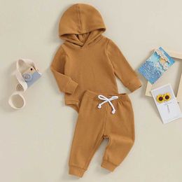 Clothing Sets Spring Casual Infant Baby Clothing Solid Color Waffle Long Sleeve Hood Long Pants 2pcs Outfits For Toddler Clothes Set