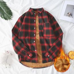 Men's Casual Shirts Fall Winter Men Shirt Thick Plush Lapel Long Sleeve Single-breasted Plaid Cardigan Colour Matching Buttons Preppy Style