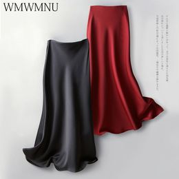 Skirts Smooth Satin Elegant Casual Skirt Women Vintage Korean Fashion Solid Jupe Fishtail High Waist Summer Falda Mujer 230426
