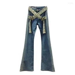 Women's Jeans Stylish Vintage Belted For Women 2023 Autumn High Street Boot-cut Pants Mujer Fashion Trousers Y4424