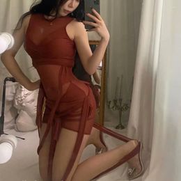 Casual Dresses Fashion Women's Sexy Transparent Mesh Bandage Irregular Backless Slim Skinny Hip Sleeveless Mini Dress Korean M351