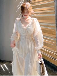 Dresses Long White Dress Women Party Puff Sleeve Dresses Summer Elegent Sexy Beach Dresses Aline French Korean High Waist Goddess Dress