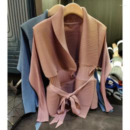 Women's Knits Miyake Design Sense Lapel Tie Waist Pleated Jacket Female Fall Fashionable Commuter Hundred Matching Cardigan Tops Clothing