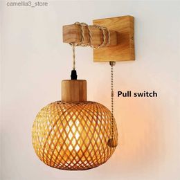Wall Lamps Vintage Bedside Wall Lamp With Switch Rattan Lamps For Living Room Kitchen Loft Internal Wall Sconce Home Decoration Lighting Q231127
