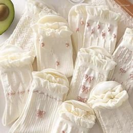 Women Socks Simple White Versatile Lovely Bowknot Small Flowers Women's Medium Tube Kawaii Harajuku Jk Lolita Girls Cotton