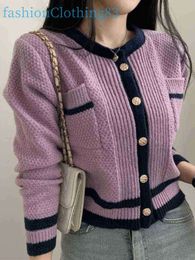 Women's Sweaters Kimotimo Purple Sweater Jacket Women Autumn Round Neck Hit Colour Knitted French Small Scent Long Sleeve Design