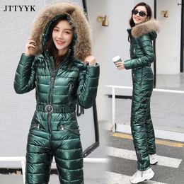 Women's Jumpsuits Rompers Ski Suit Women Jackets Winter Hooded Parka Jumpsuit Women Cotton Bodysuit Sashes Jumpsuits Zipper Overalls Tracksuits 231124