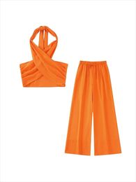 Suits Women Fashion Orange Pleated Halter Neck Tied Cropped Tops Wide Leg Elastic Waist Belt Pants 2022 Summer Two Piece Sets