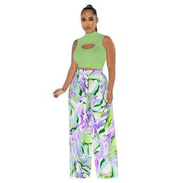 New Designer Tracksuits Summer Two Piece Sets Women Outfits Beautiful Cut Out Tank Top and Wide Leg Pants Matching Sets Casual Print Sportswear Clothes 9800