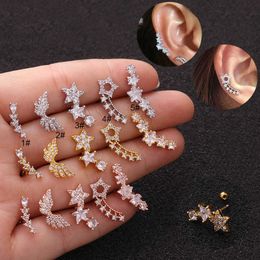 Korean Style Screw Back Thin Rod Earrings Stud Ear Bone Nail Creative Pentagram Cubic Zircon Earring Studs Stainless Steel Pierced Jewellery Piercing 14K Gold Plated