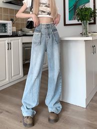 Women's Jeans Spring High Waist Women Wide Leg Pants Pockets Design Y2k Woman Straight Trousers Drayed Holes Loose Tall Girl