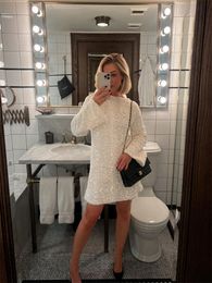 Basic Casual Dresses Sexy Sequin Dress Women Beauty Round Neck Long Sleeve Bow Mini Dress for Female est Christmas Casual Loose Short Dress 231127