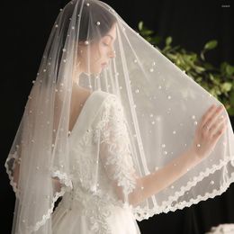 Bridal Veils Beaded Veil Long White Pearl Lace Wedding Dress Double Headdress