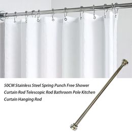 Poles 50/80CM Stainless Steel Curtain Hanging Rod Spring Free Drilling Punch Shower Curtain Rod Telescopic Rod for Bathroom Kitchen