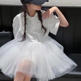 Girl Dresses Summer White Dress Children Short Sleeve Mesh Patchwork Casual Style Princess Teenage Ball Gown Wz1186