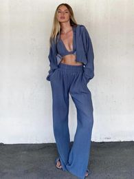 Women's Two Piece Pants Casual Fashion 2 Set 2024 Spring Zipper Hooded Jackets Bra High Waist Wide Leg Sets Elegant Simple Suits