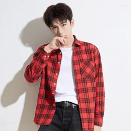 Men's Casual Shirts Fashion Korean Plaid Long-sleeve For Men Cotton Slim Fit Plain Shirt Single Pocket Clothes Items