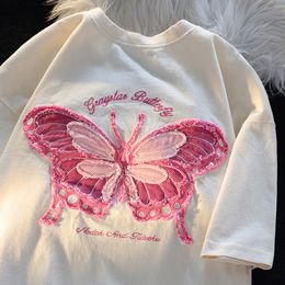 Women's T-Shirt Women T-Shirts Butterfly Denim Patch Embroidery Short-sleeved T-shirt Female Harajuku Cotton Loose Streetwear Y2k Clothes Tops 230427