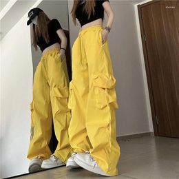 Women's Pants Streetwear Y2K Women Cargo Pant American Hip Hop Loose Casual Trousers High Waist Big Pockets Lace Up Fashion Yellow