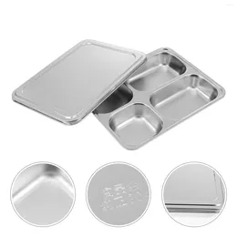Dinnerware Sets Stainless Steel Divided Plate 4 Compartment Rectangular Serving Tray 4- Section With Metal Lid For Lunches